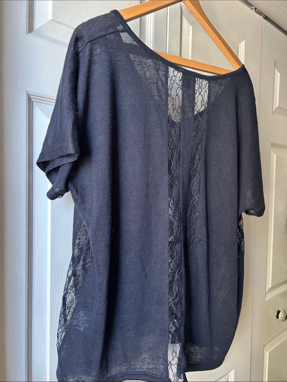 Molly Bracken Navy Lace-Inset V-Neck Top